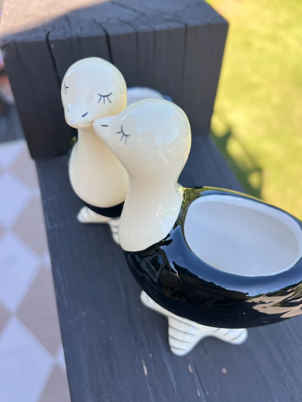 Cottage Ceramic Duck Planter Set Black White Bird Pots Succulent Planters New
